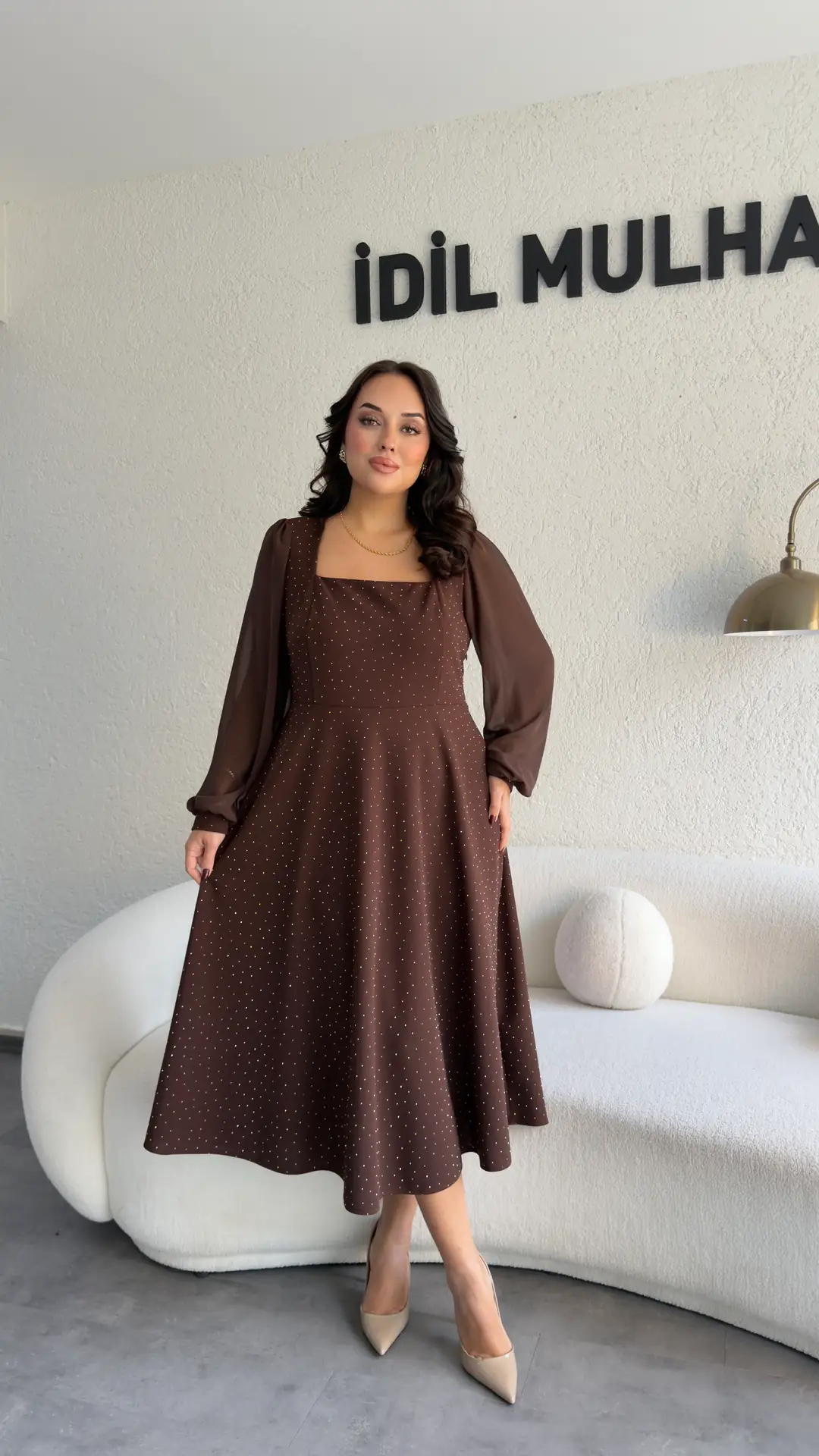 Kare Yaka Şifon Kol Prenses Elbise - Kahverengi