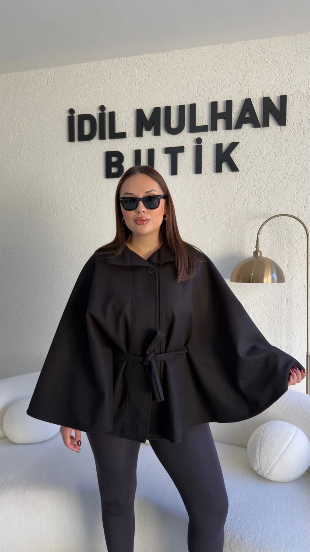 Oversize Kaşe Kuşaklı Panço - Siyah