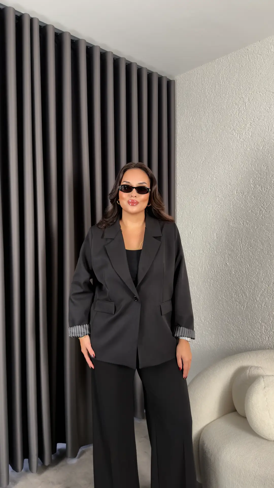 Çizgili Astar Detaylı Blazer Ceket - Siyah