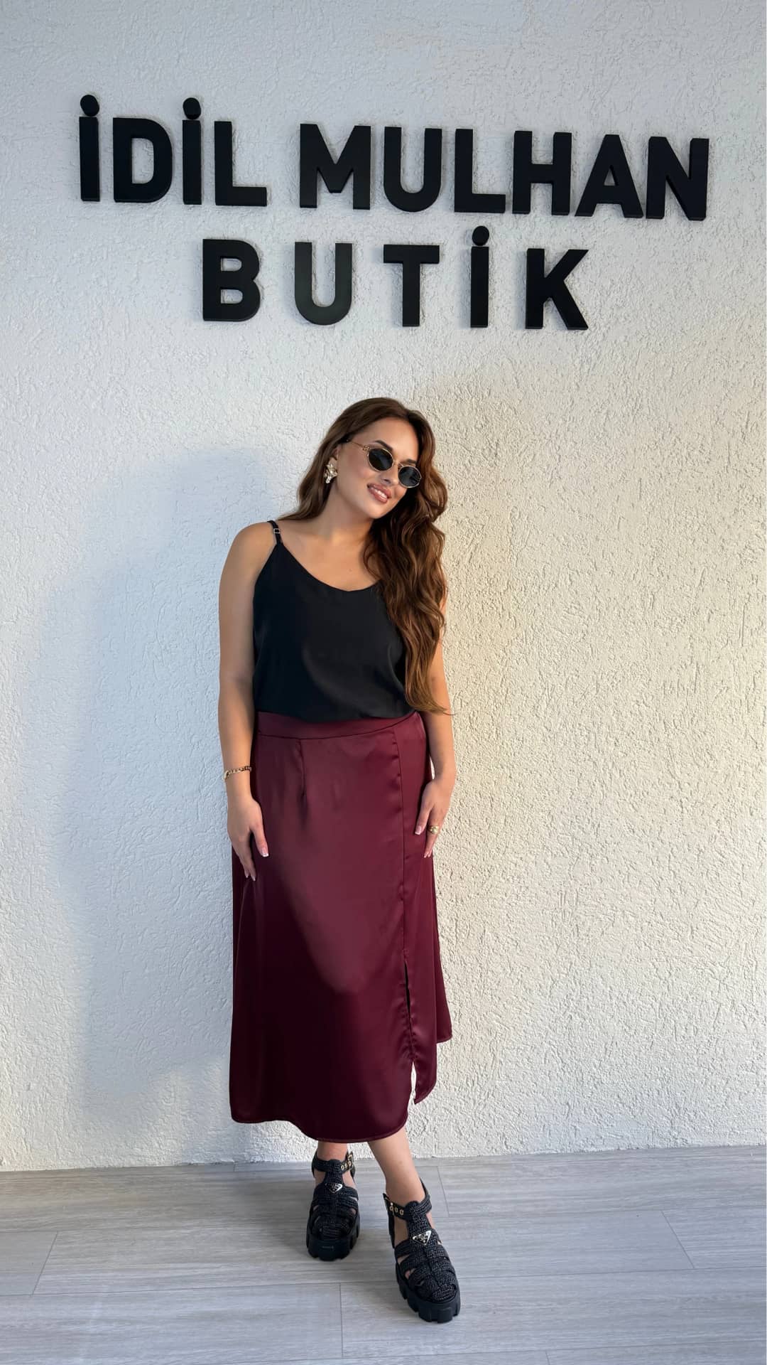 Yüksek Bel Saten Etek - Bordo