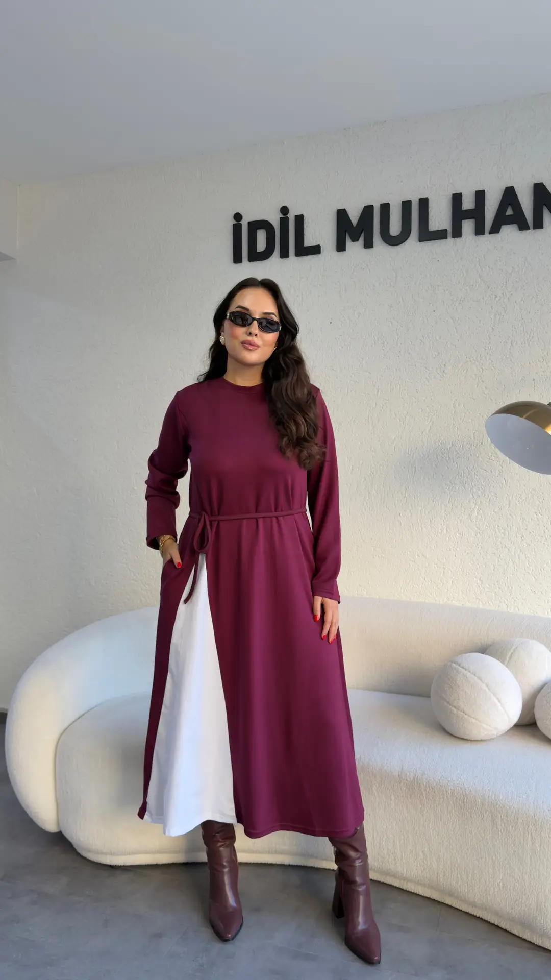 Garnili Kuşak Detaylı Elbise - Bordo