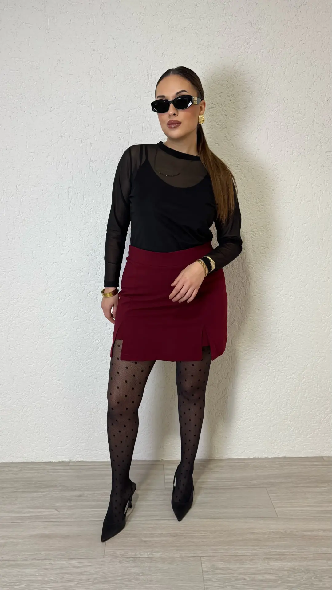 Çift Yırtmaçlı Şort Etek - Bordo