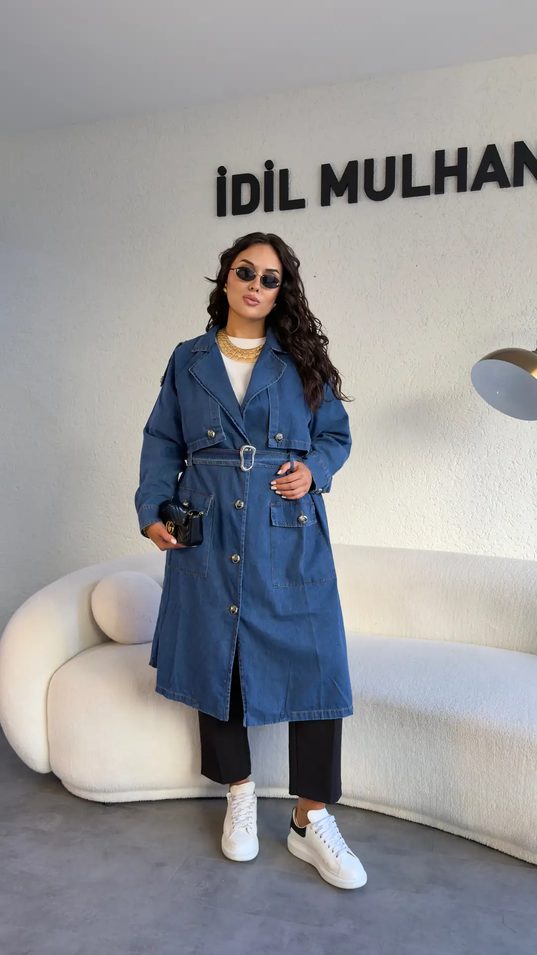 Silver Düğme Detaylı Kuşaklı Denim Trençkot