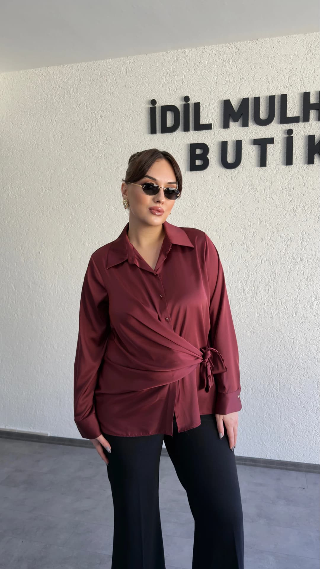 Saten Yandan Bağlamalı Gömlek - Bordo