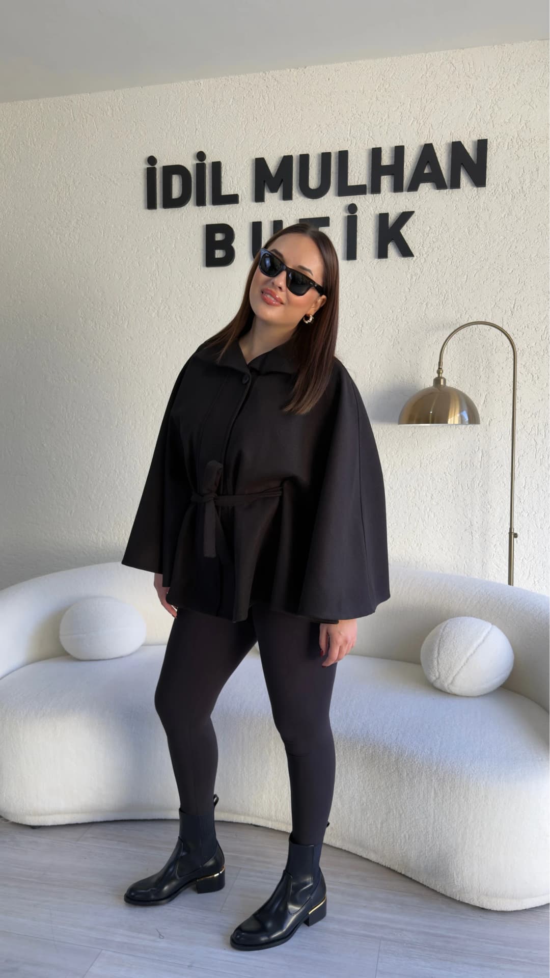 Oversize Kaşe Kuşaklı Panço - Siyah