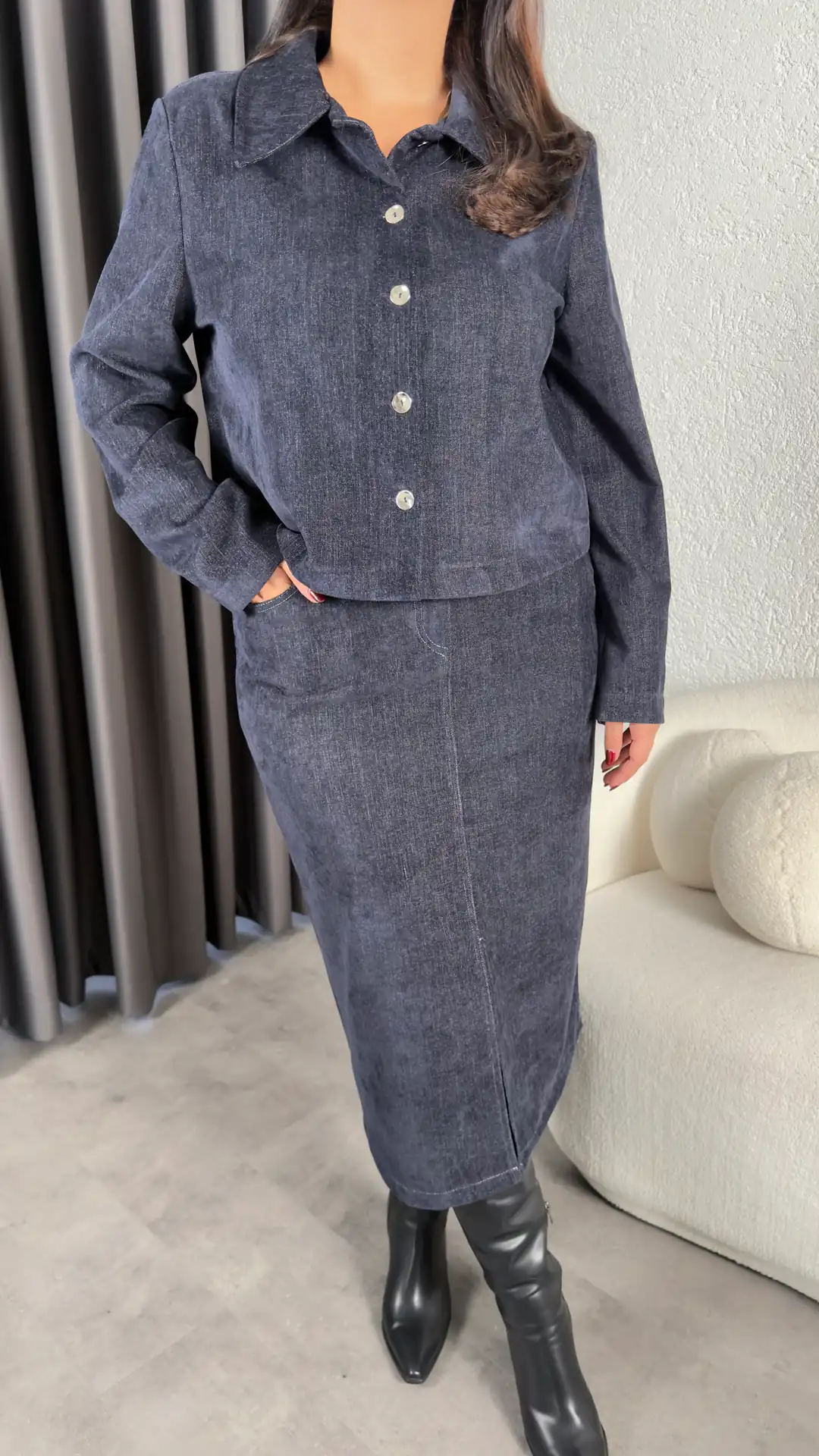 Şönil Denim Kumaş Premium Takım - Lacivert