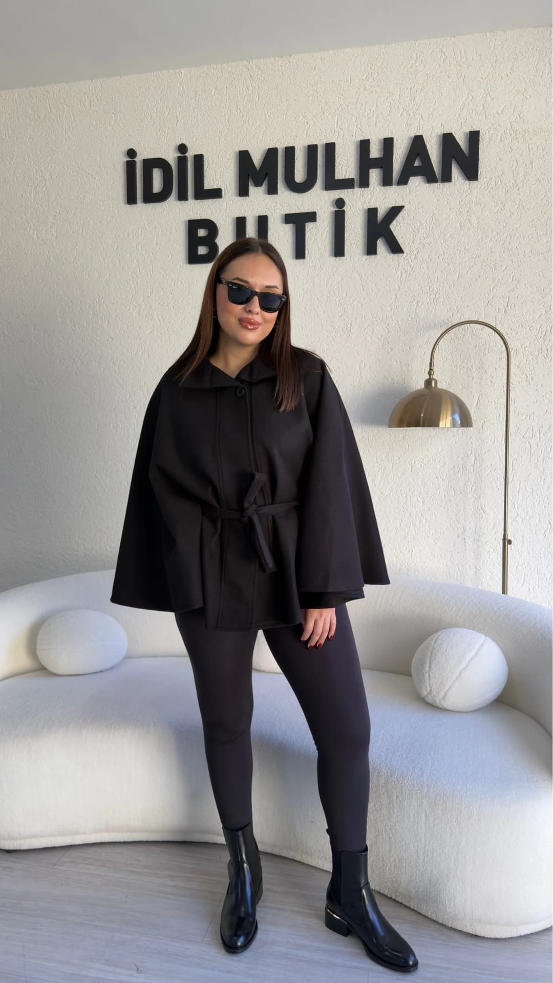 Oversize Kaşe Kuşaklı Panço - Siyah