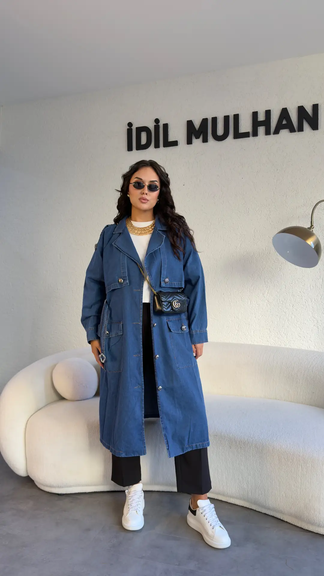 Silver Düğme Detaylı Kuşaklı Denim Trençkot