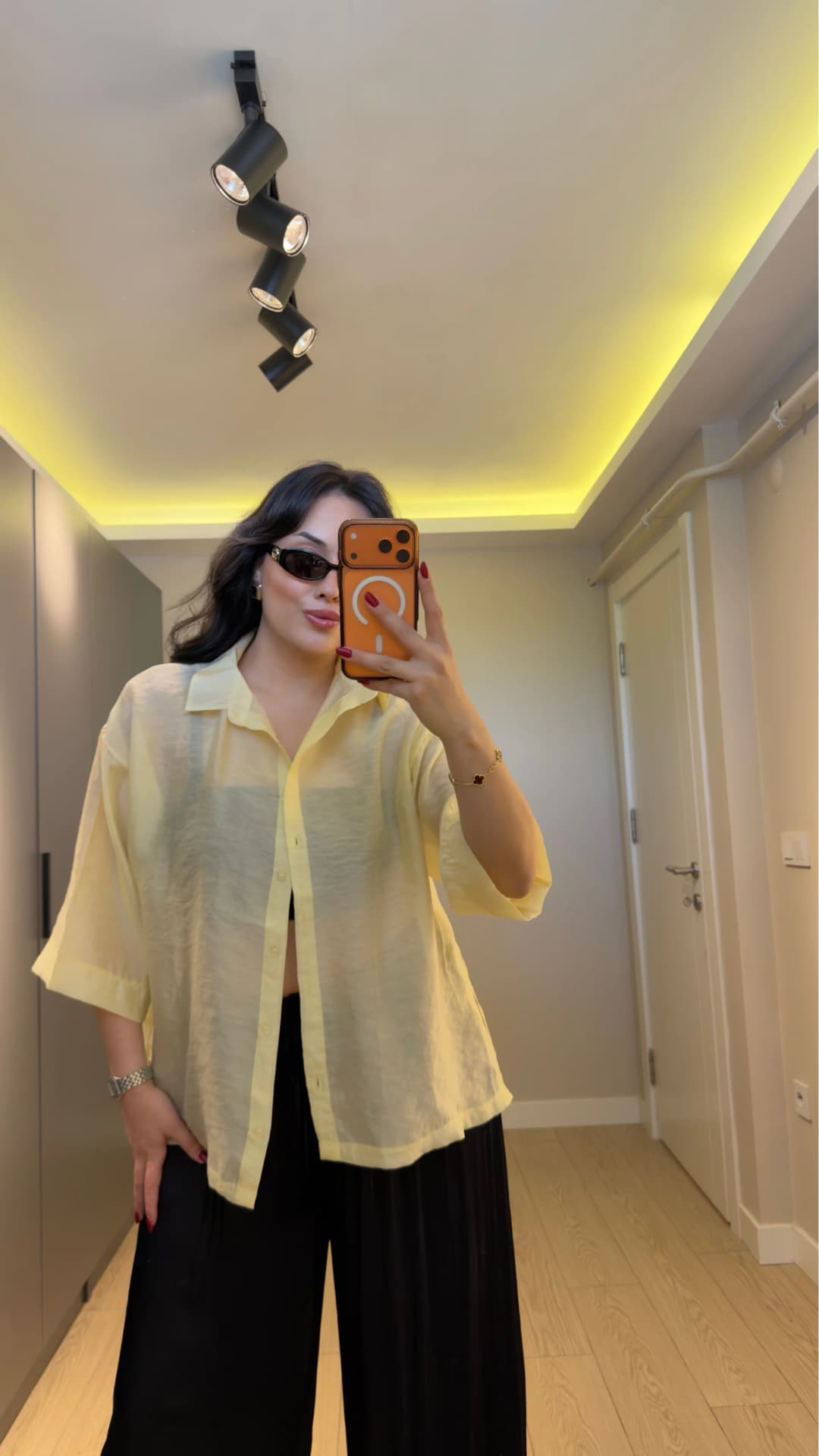 Oversize Yarım Kollu Gömlek - Sarı