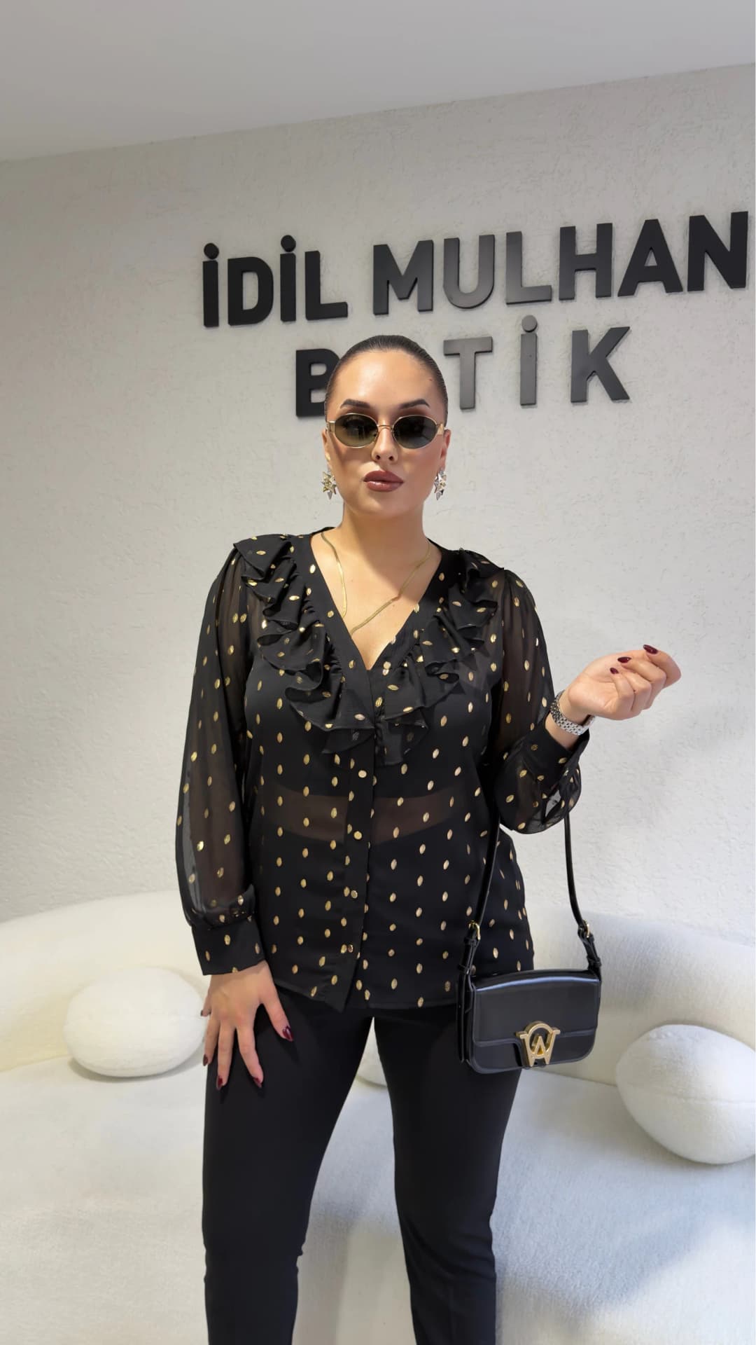 Volanlı Gold Varaklı Bluz