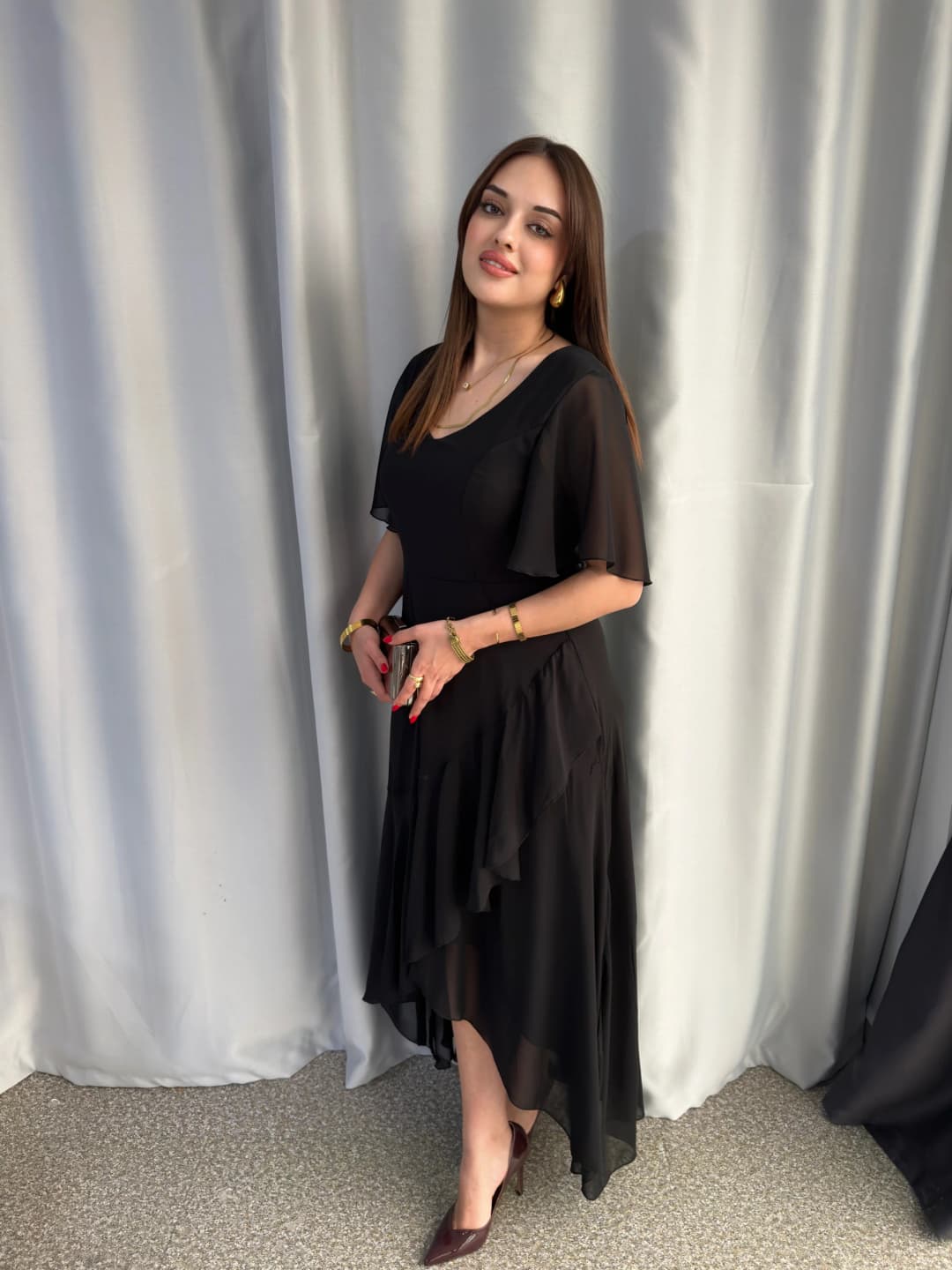Kısa Kollu Fırfır Detaylı Maxi Boy Elbise