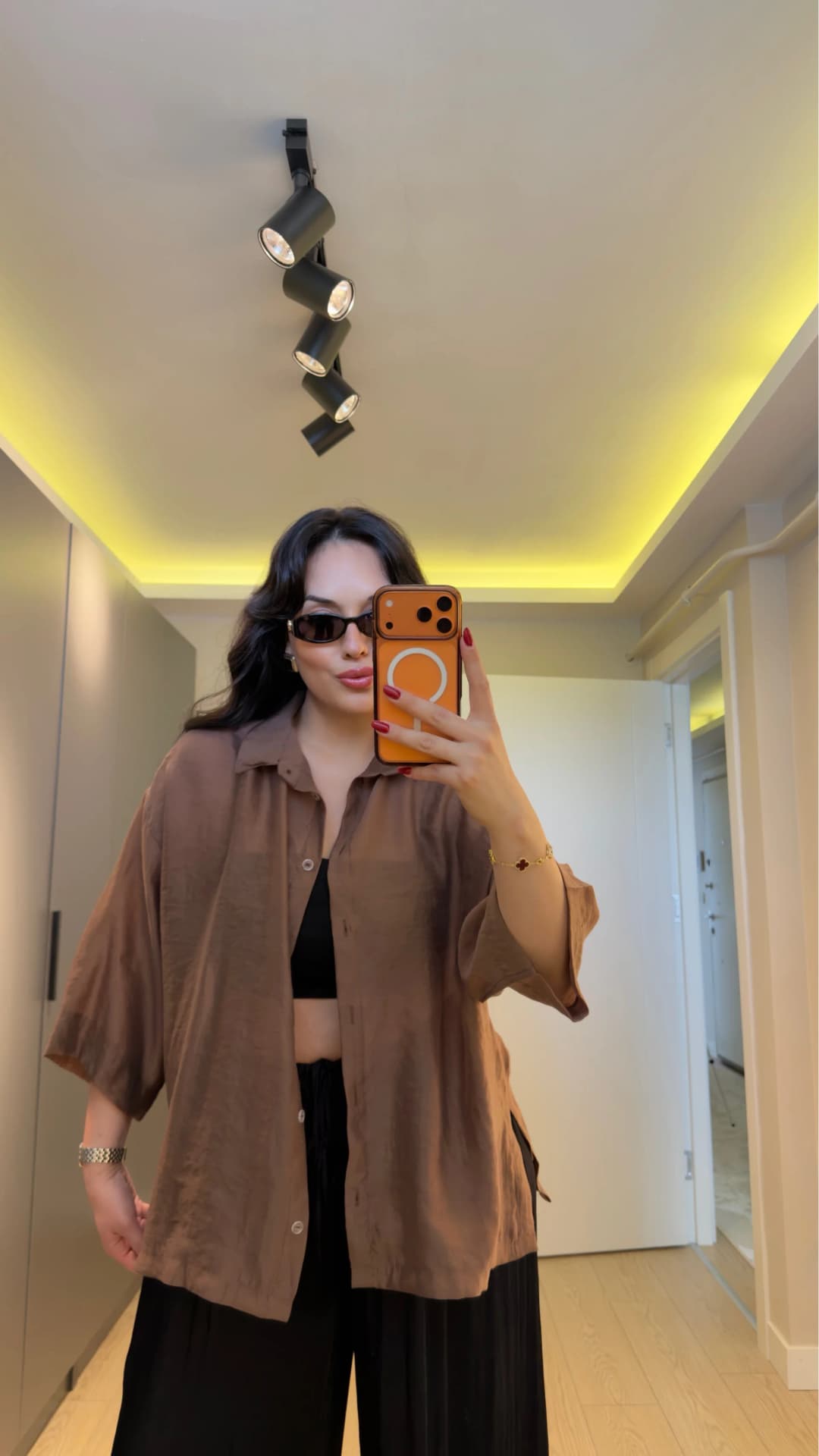 Oversize Yarım Kollu Gömlek - Kahverengi
