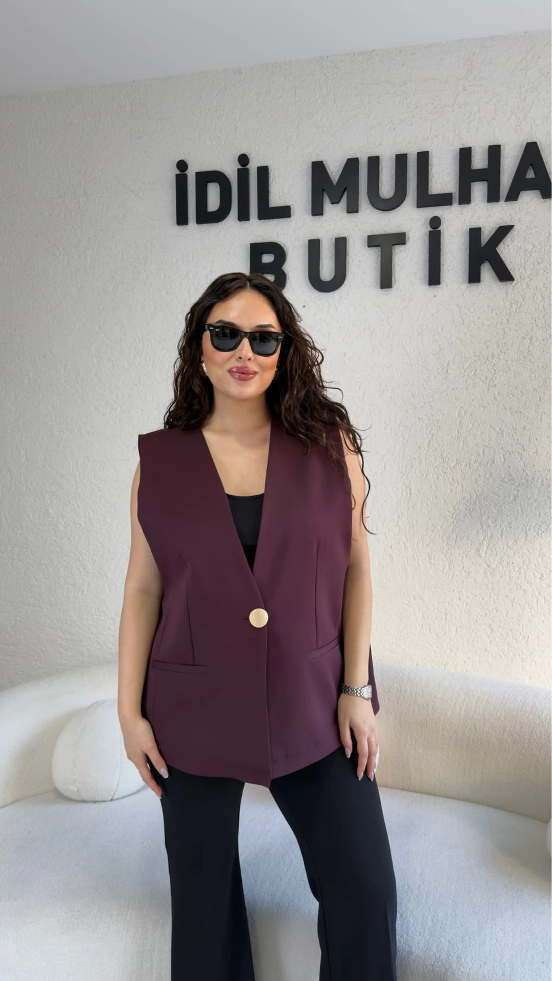 Gold Tek Düğme Detaylı Yelek - Mürdüm