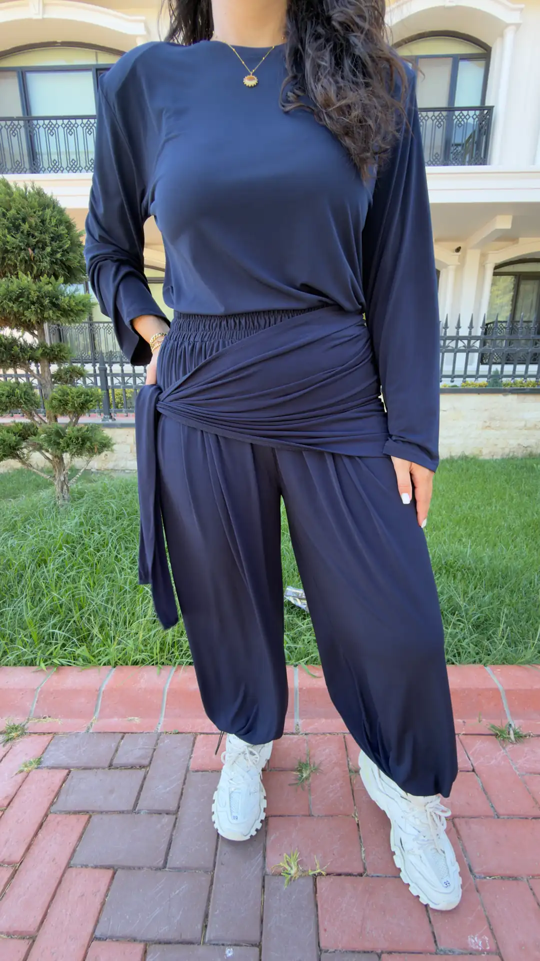 Kuşaklı Paça Lastikli Bluz Pantolon Üçlü Takım