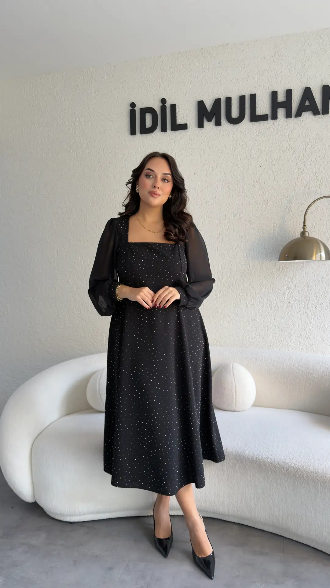 Kare Yaka Şifon Kol Prenses Elbise - Siyah