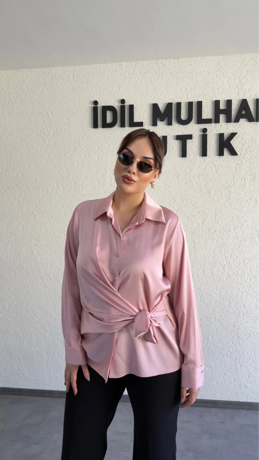 Saten Yandan Bağlamalı Gömlek - Pudra Pembe