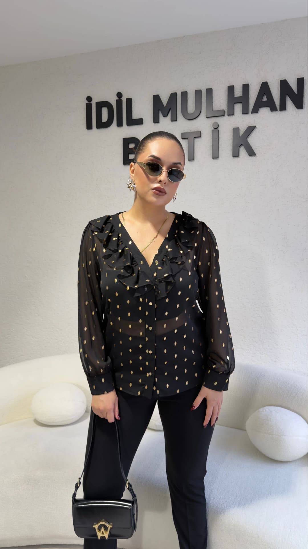 Volanlı Gold Varaklı Bluz