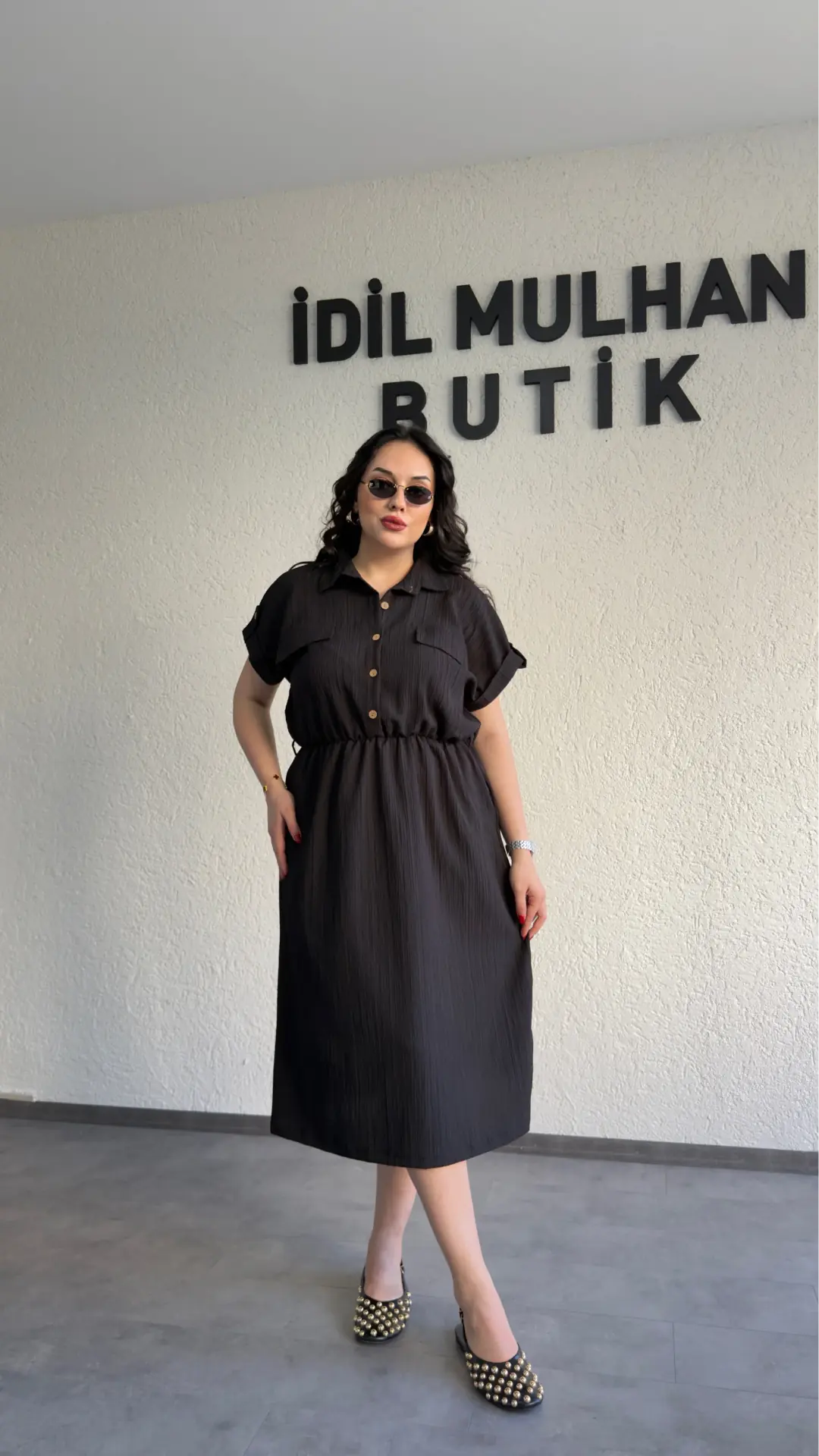 Kuşak Detaylı Krinkıl Elbise
